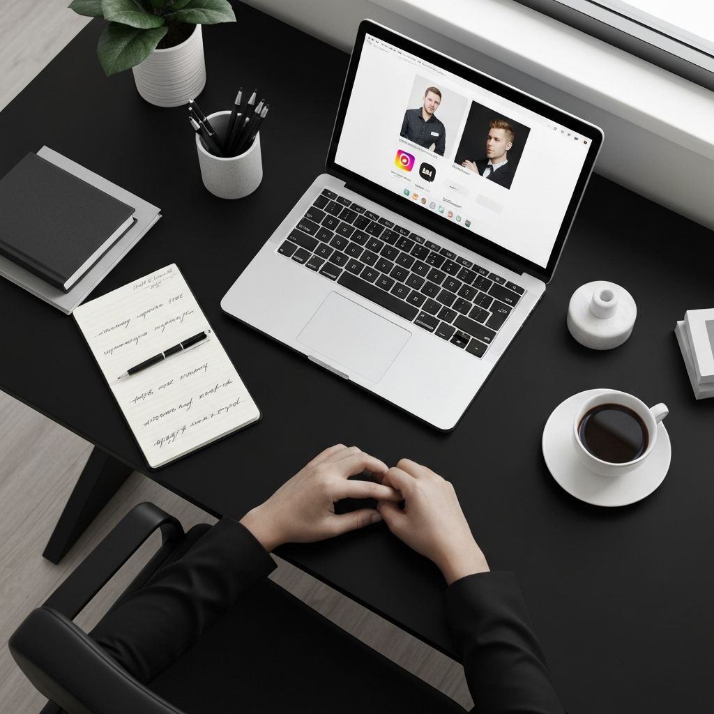 Profesjonalne stanowisko pracy copywritera z laptopem i notatkami